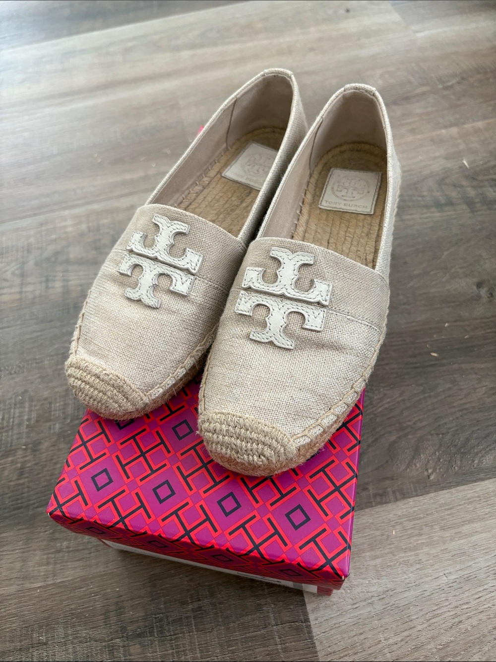 Tory Burch Natural Beige Canvas Logo Espadrilles